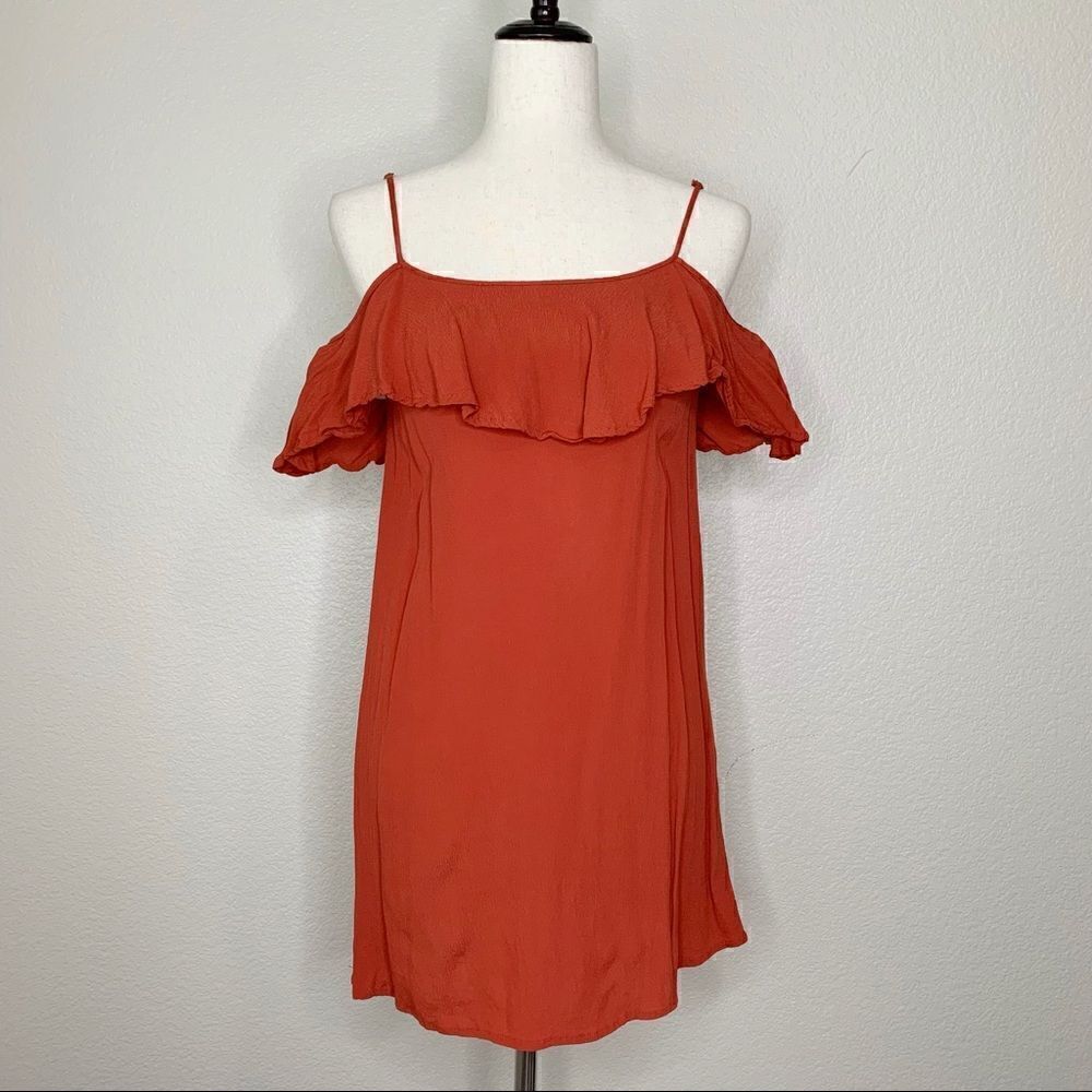 Forever 21 Rust Red Ruffle Cold Shoulder Dress, Sz Medium